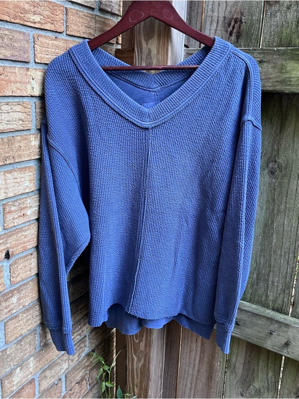 aerie Slate Blue V-Neck Waffle Knit Oversized Sweater